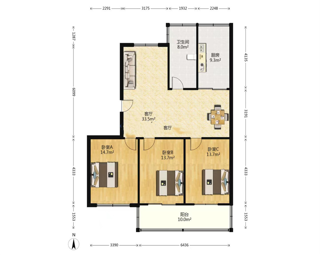 段家坝小园 3室1厅1卫 117.16m&sup2;