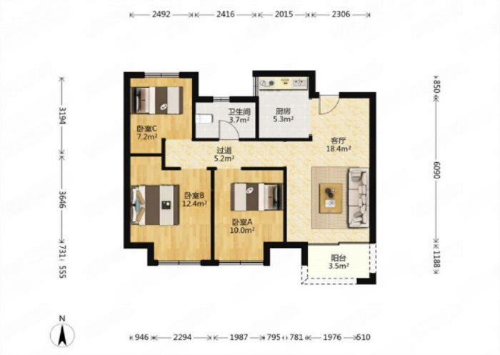 绿地新里城 3室2厅1卫 91m&sup2;