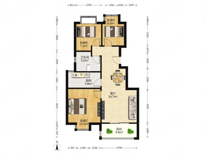 中港城 2室2厅1卫 89m&sup2;