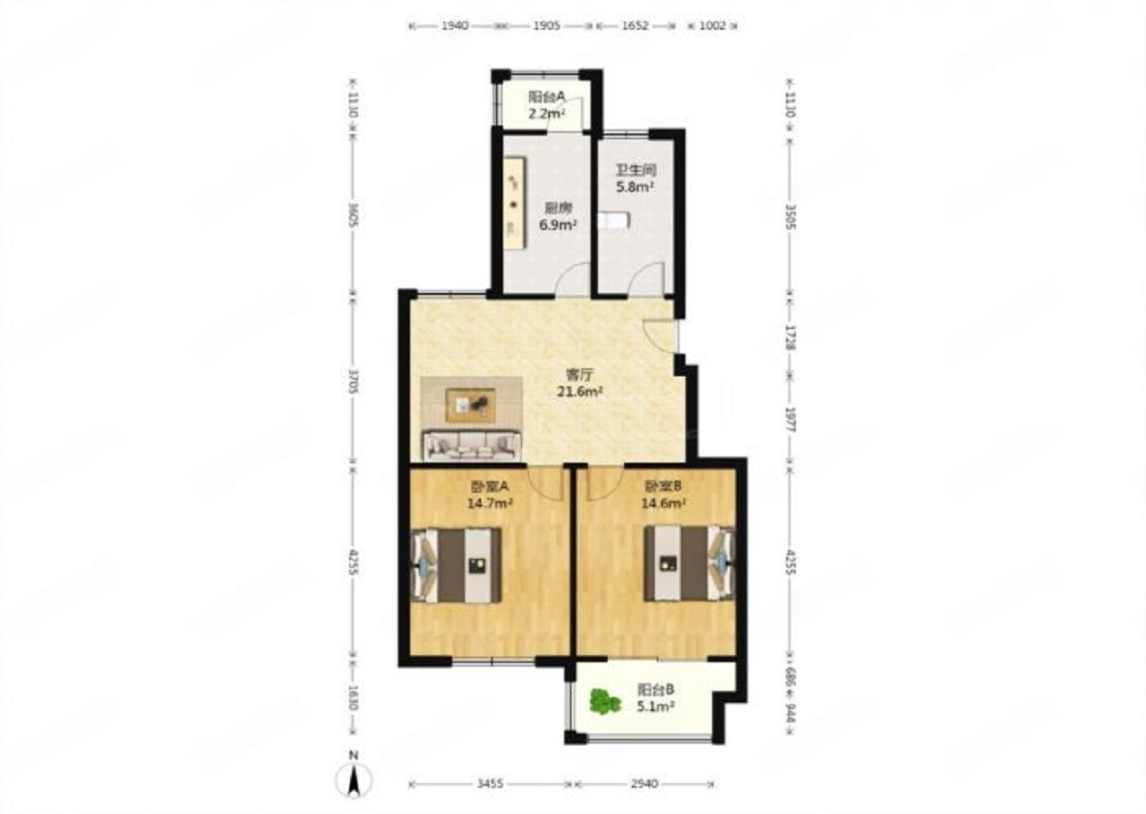 紫东南苑南区 2室2厅1卫 92m&sup2;