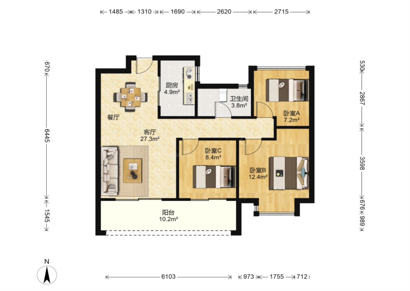 时光漫城 3室2厅1卫 93m&sup2;