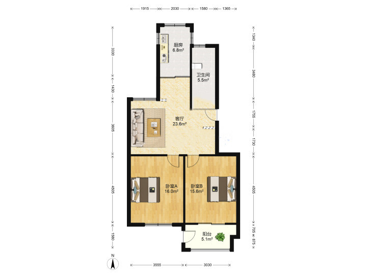 紫东南苑南区 2室2厅1卫 97.79m&sup2;