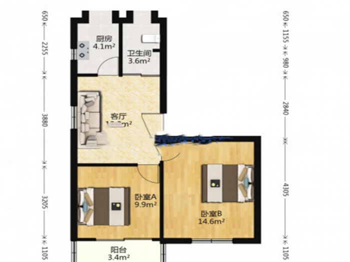 板桥东村 2室1厅1卫 65m&sup2;