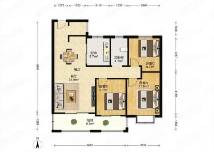 华强城四期 3室2厅1卫 105.00m&sup2;