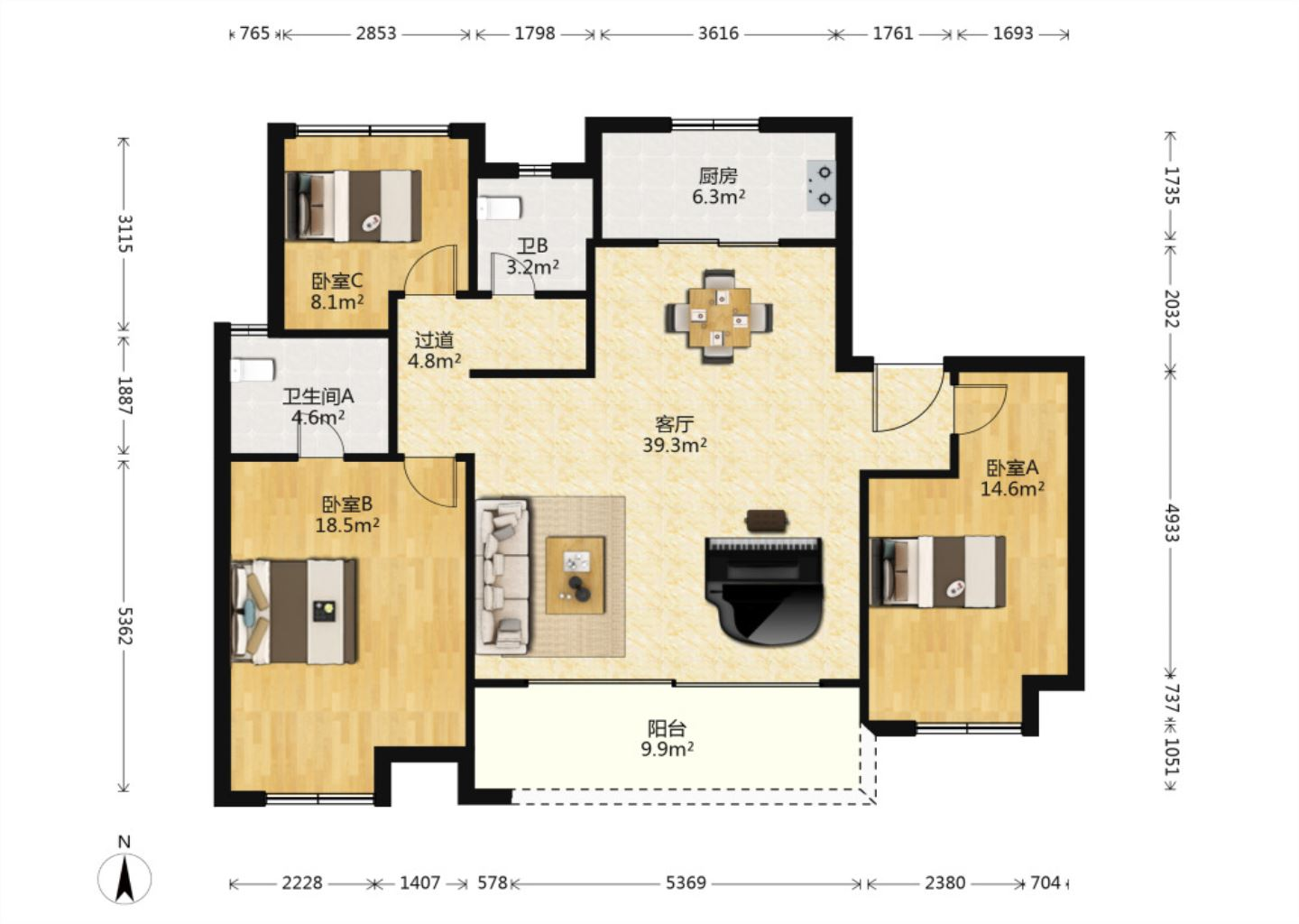 万科翡翠东第 3室2厅1卫 130.13m&sup2;