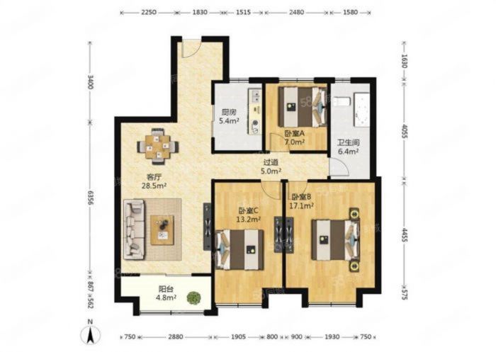 万科金域蓝湾 3室2厅1卫 108m&sup2;