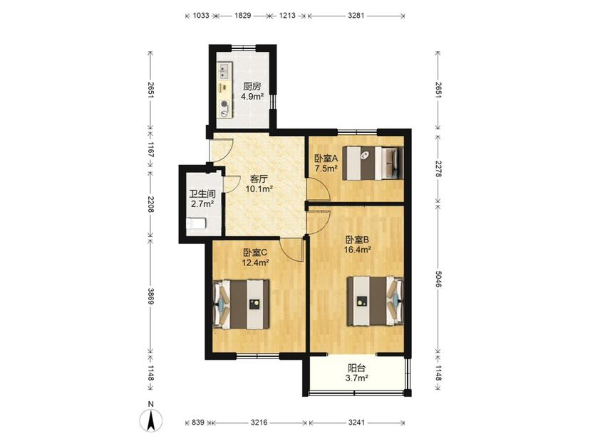 新桥北村 3室1厅1卫 70m&sup2;
