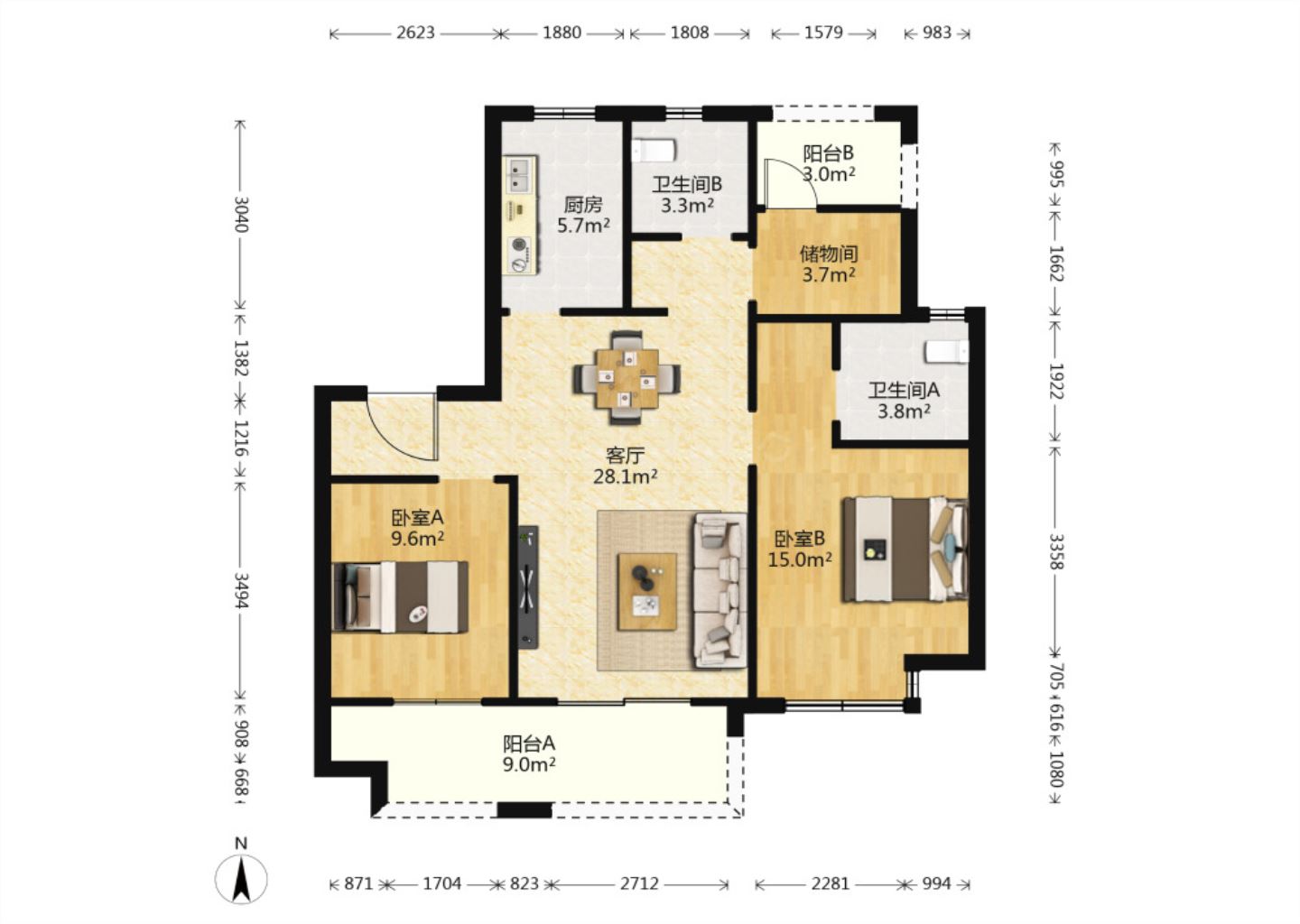 丽景湾 3室2厅1卫 96.5m&sup2;