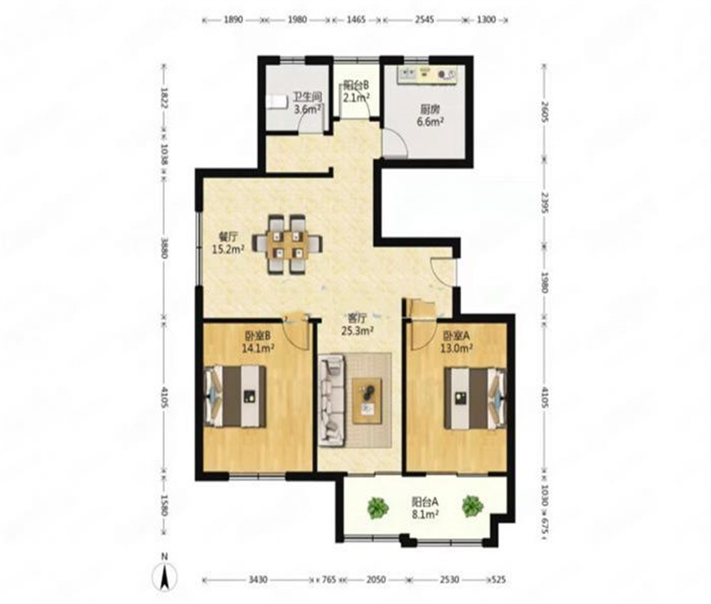 兴石花园 3室1厅1卫 115m&sup2;