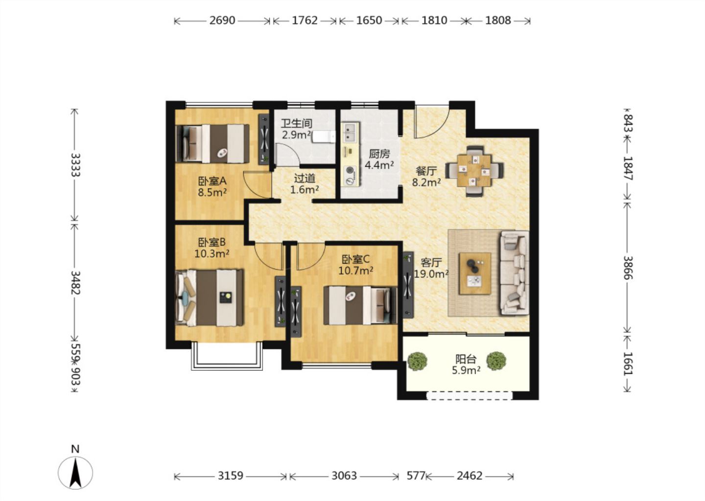 林肯公园 3室2厅1卫 92m&sup2;