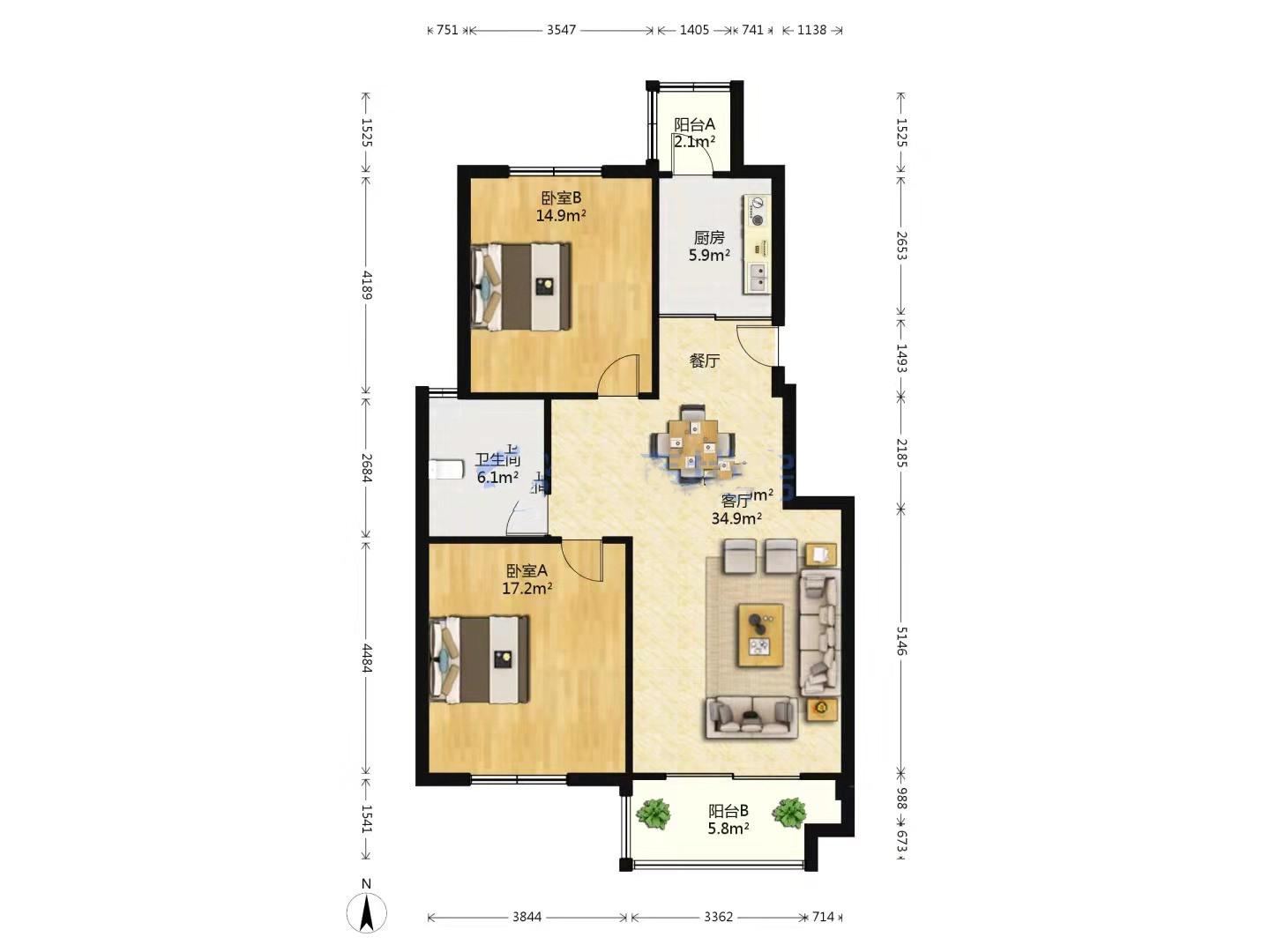 中桥名邸 2室2厅1卫 101m&sup2;