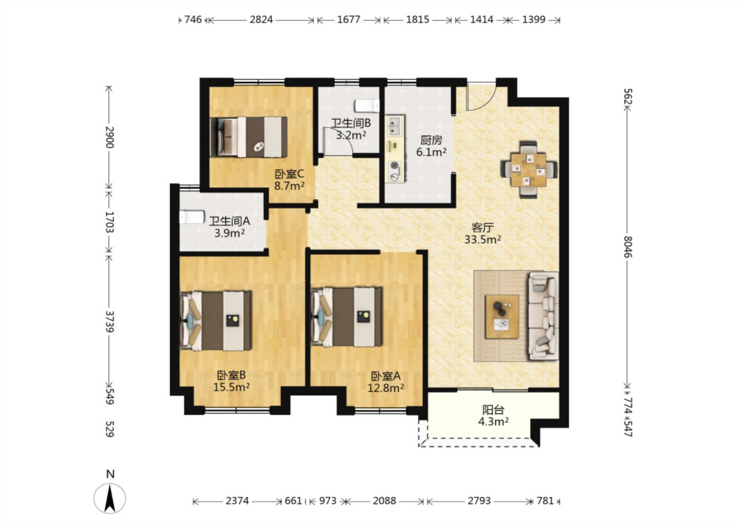 保利香槟国际 3室2厅2卫 114.2m&sup2;