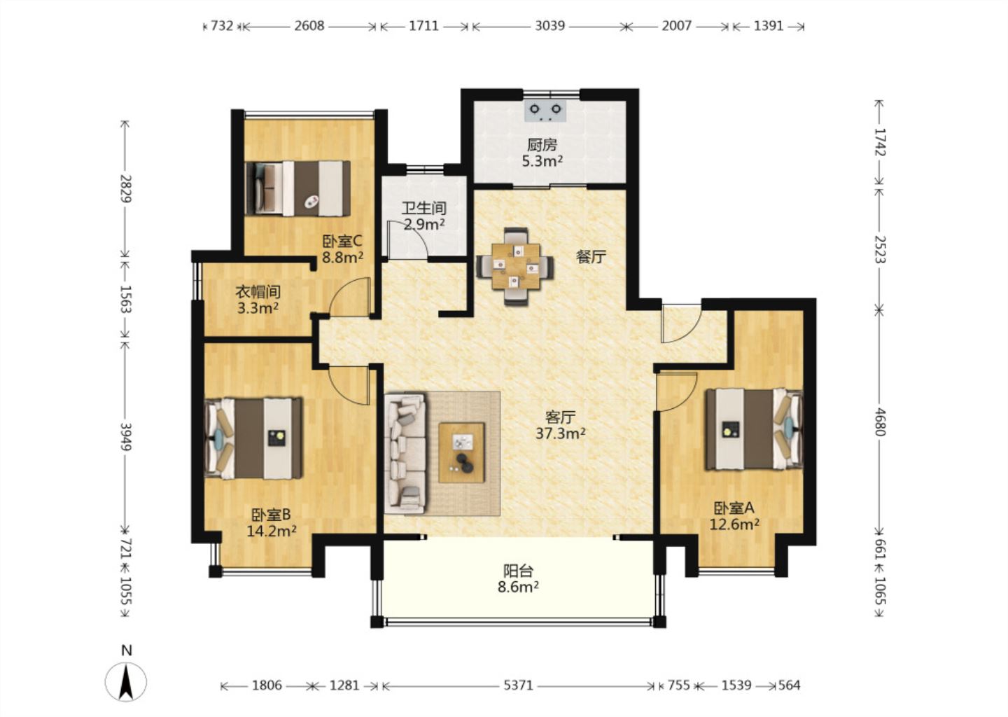 雍华府 3室2厅2卫 118.00m&sup2;