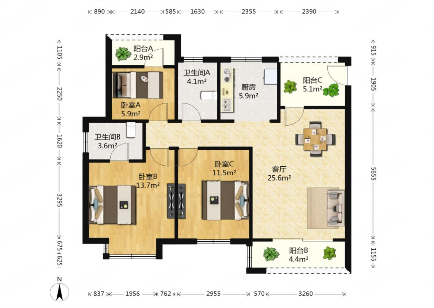 金科廊桥水岸 3室2厅1卫 113m&sup2;