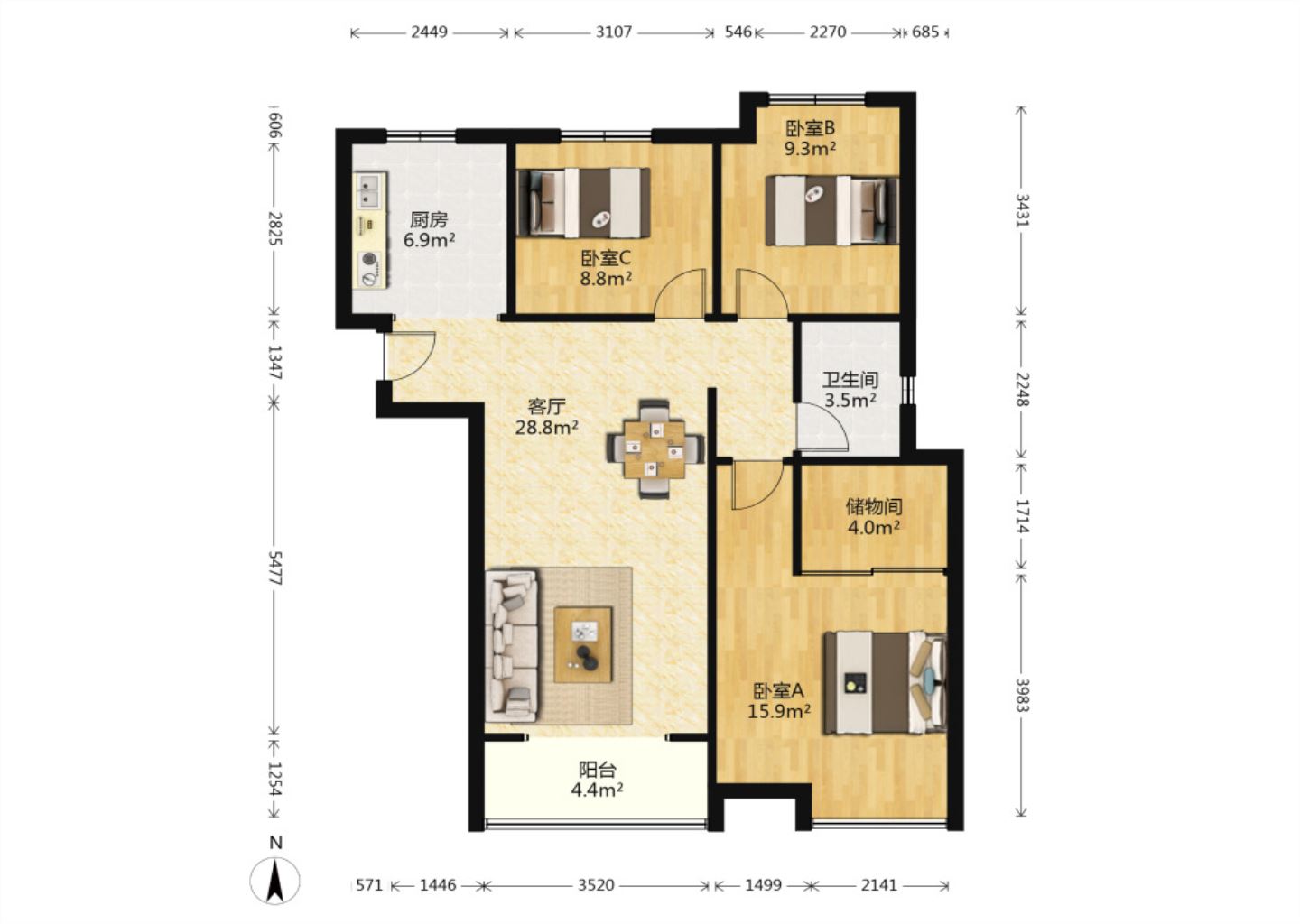 中海碧林湾 3室2厅1卫 108m&sup2;