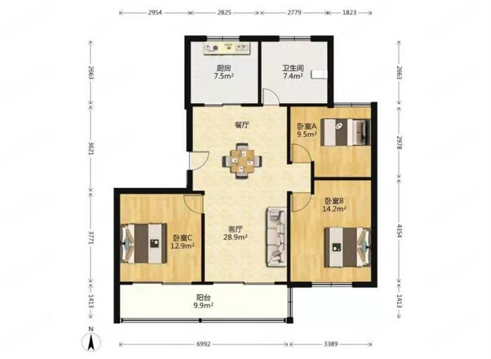 学田北苑 3室2厅1卫 110.86m&sup2;
