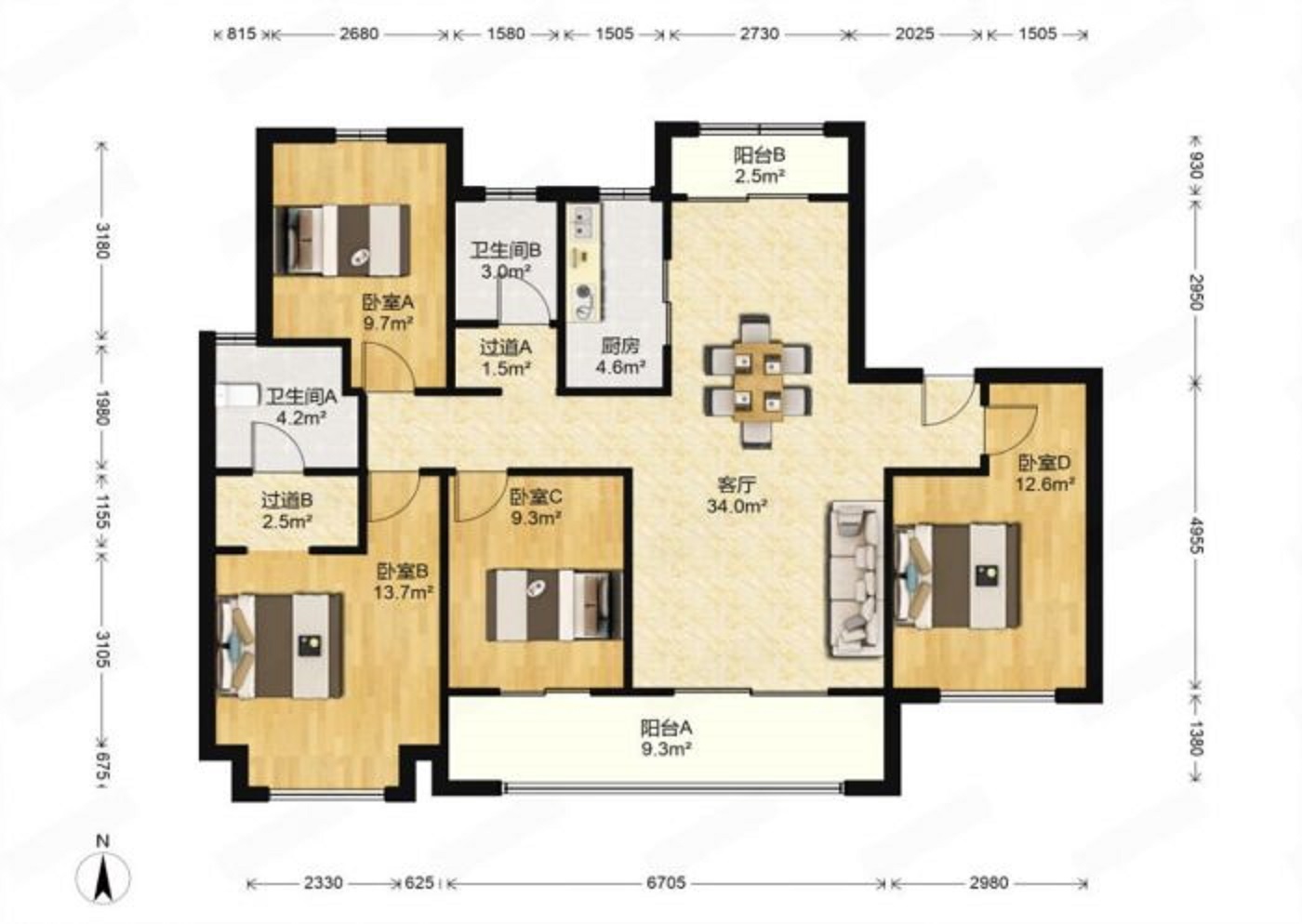 雅居乐鑫基中央公馆 4室2厅2卫 145m&sup2;