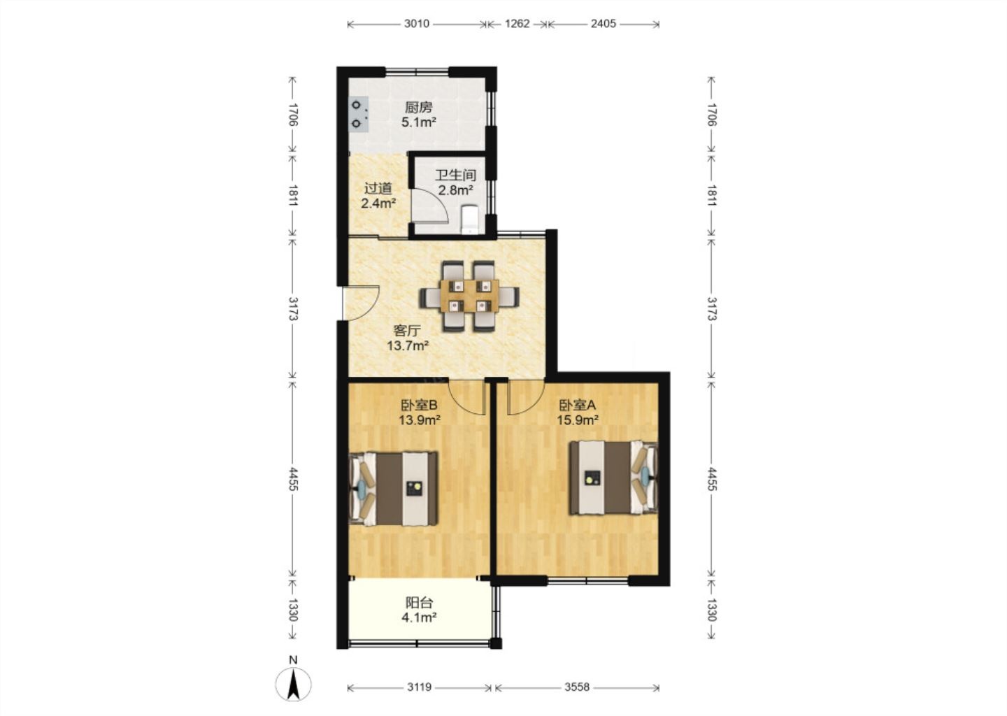 曙光社区 2室1厅1卫 74.5m&sup2;