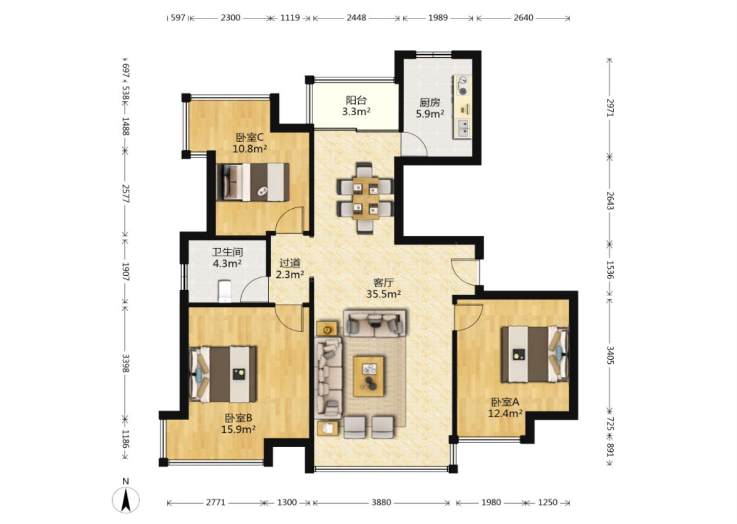 中港城 3室2厅1卫 106m&sup2;