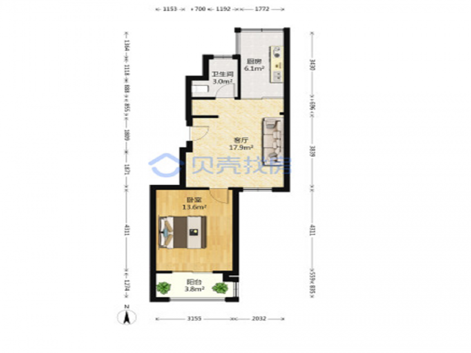 同和嘉苑南区 1室1厅1卫 60.8m&sup2;