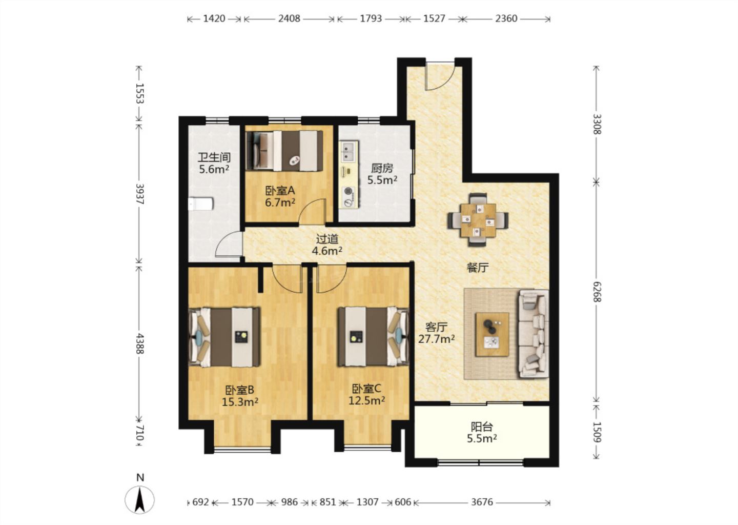 万科金域蓝湾 3室2厅1卫 108m&sup2;