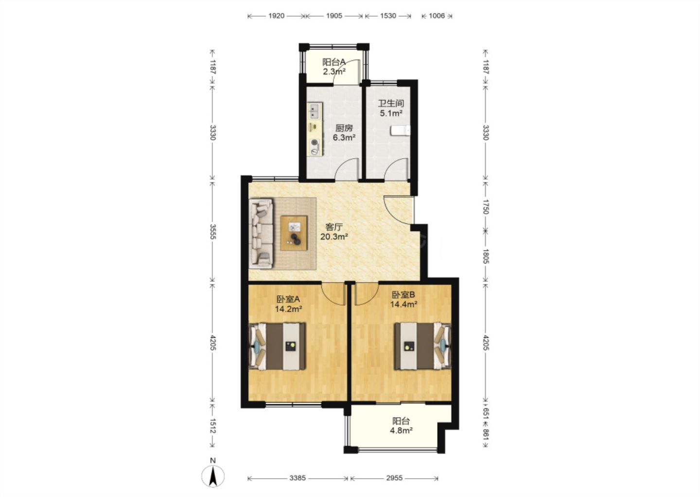 紫东南苑南区 2室1厅1卫 90m&sup2;