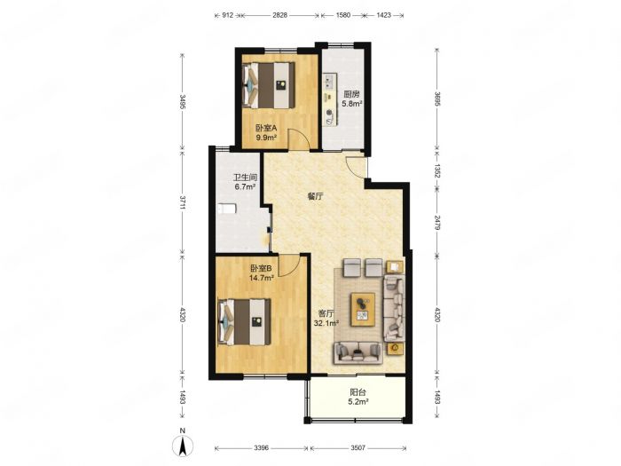 锦安花园一期 2室2厅1卫 90m&sup2;