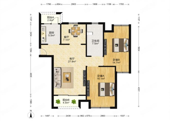江景花园 2室2厅1卫 94.79m&sup2;