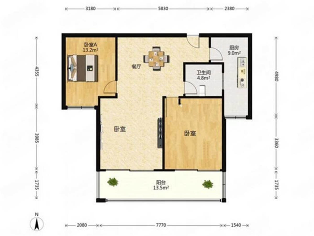 七星花园 2室1厅1卫 107m&sup2;