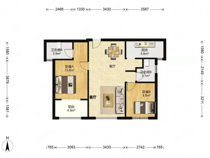 江山鼎 2室2厅1卫 89m&sup2;