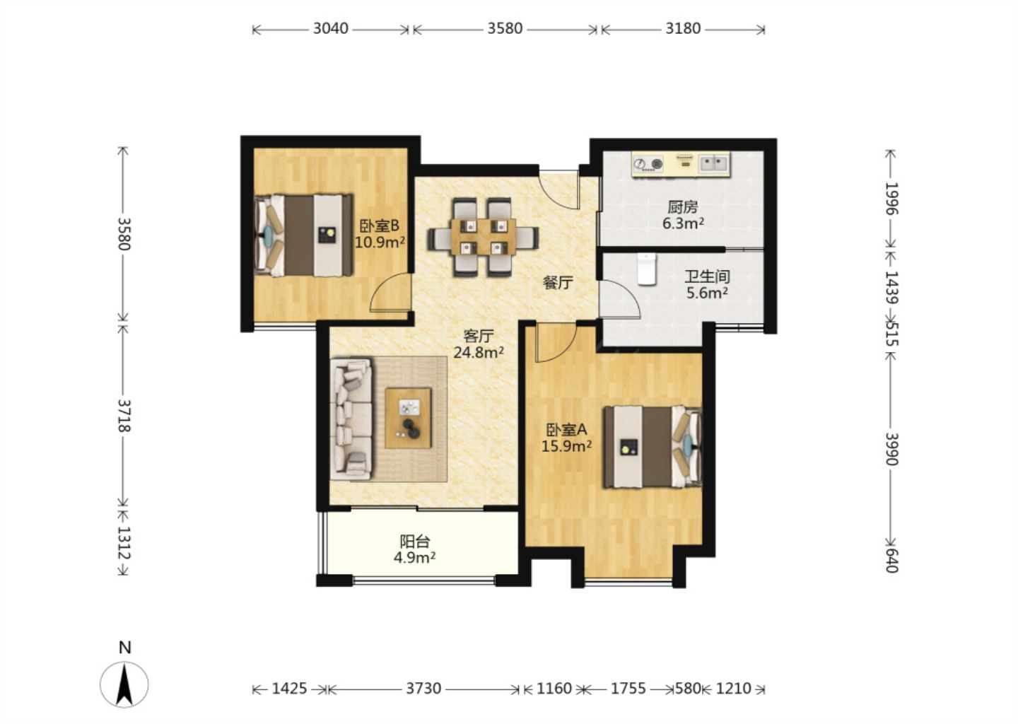 弘阳上城 2室2厅1卫 91.30m&sup2;
