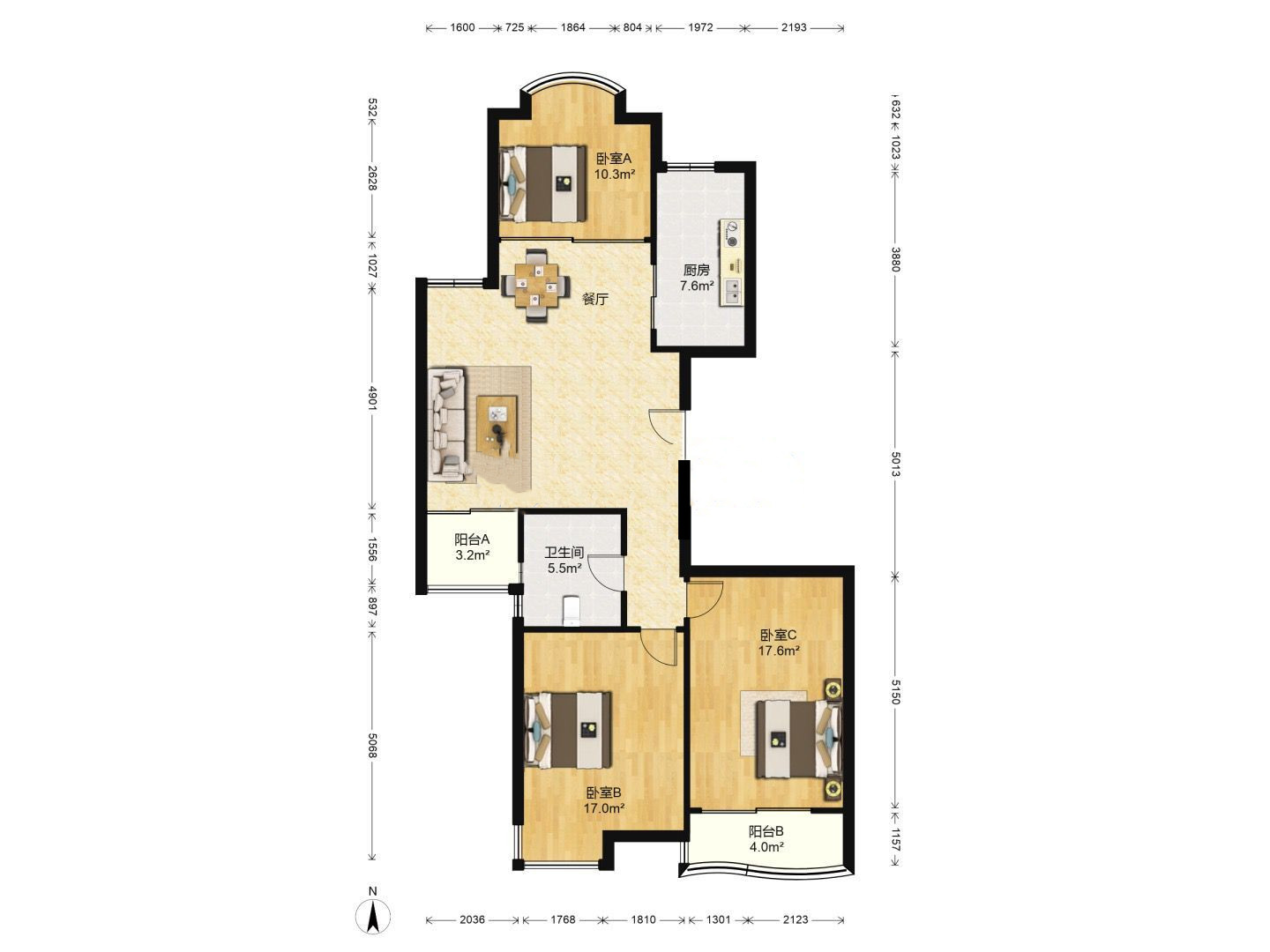 凤凰莱茵苑 3室2厅1卫 128m&sup2;