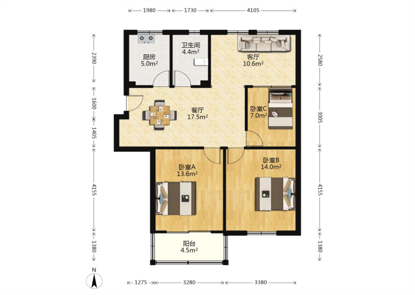 北濠桥东村 3室2厅1卫 91.20m&sup2;