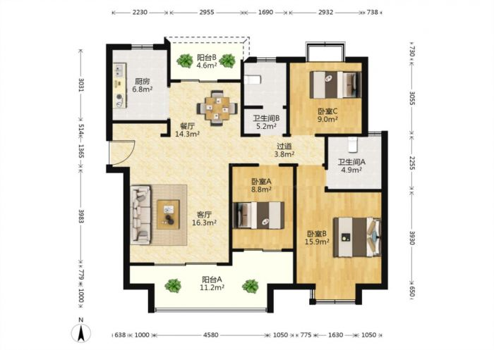恒盛豪庭 3室2厅2卫 131m&sup2;