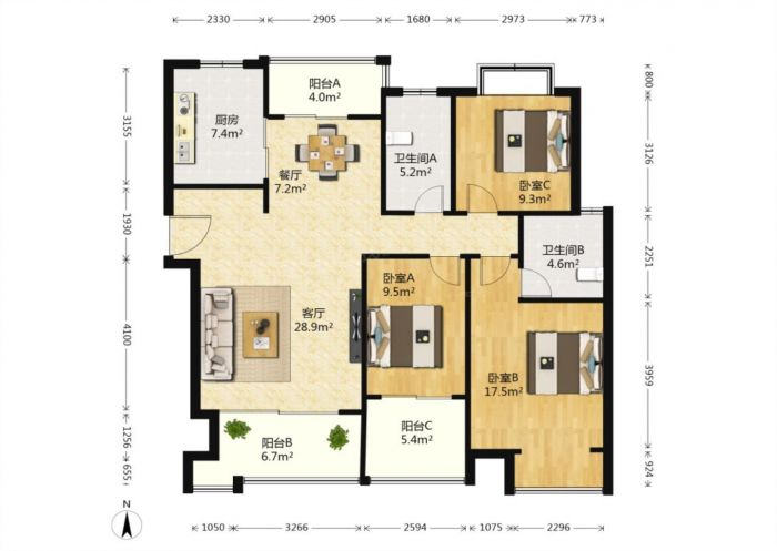 恒盛豪庭 3室1厅2卫 131m&sup2;