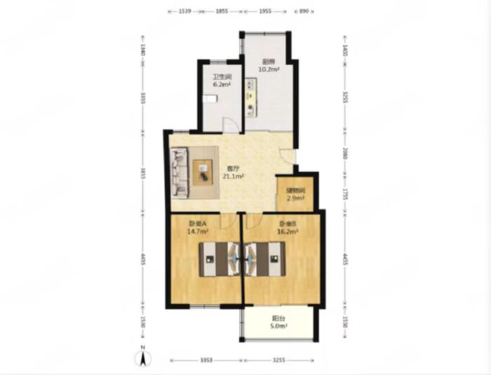 春天花园 2室2厅1卫 87m&sup2;