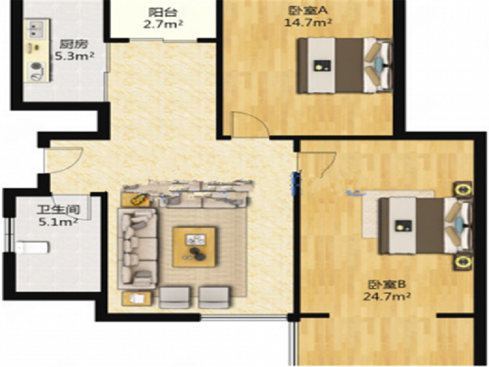 中南世纪城南区 2室2厅1卫 119.74m&sup2;