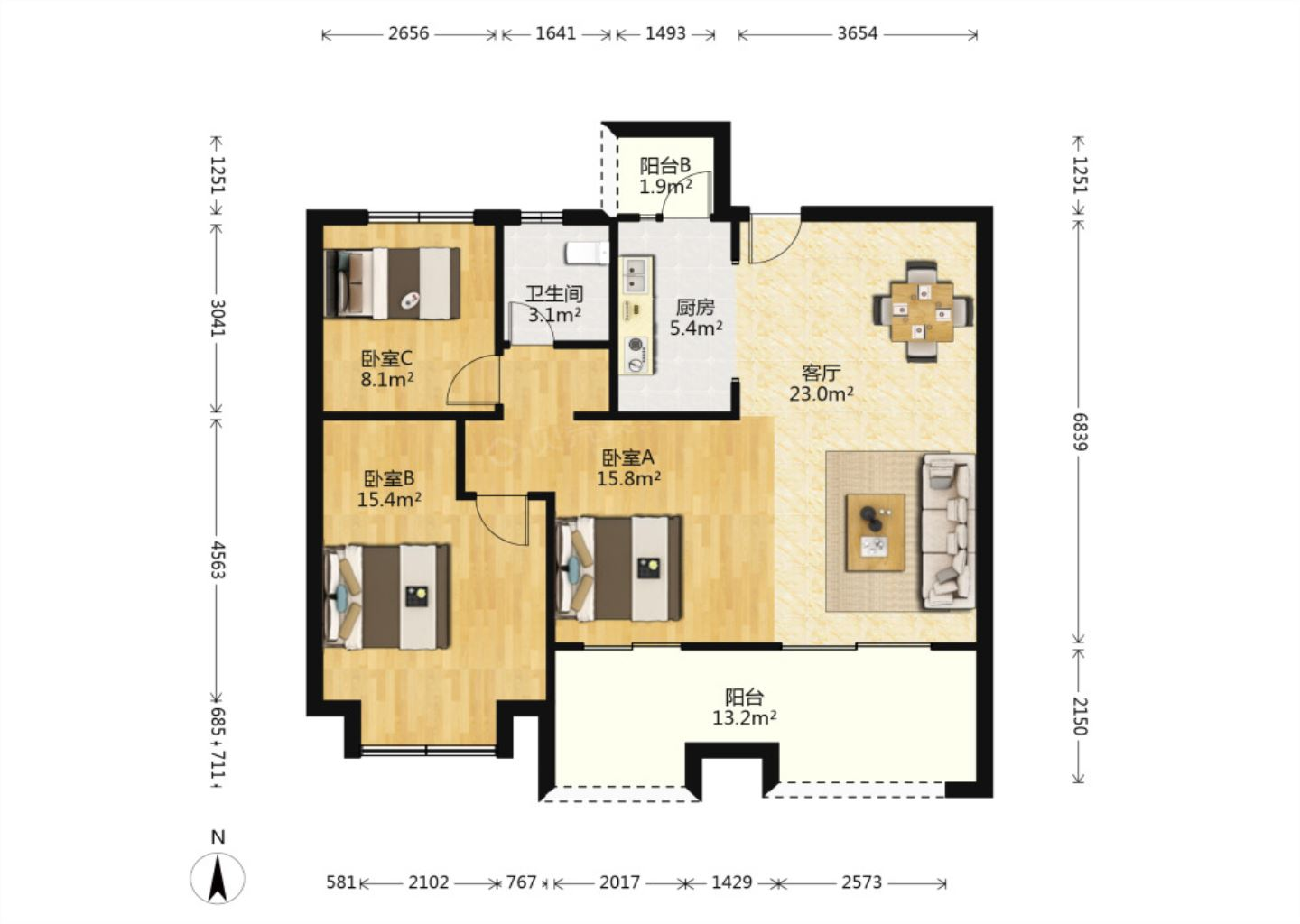 万达华府 3室2厅1卫 106.89m&sup2;