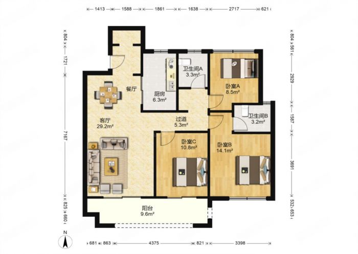 中创大都会 3室2厅2卫 115m&sup2;