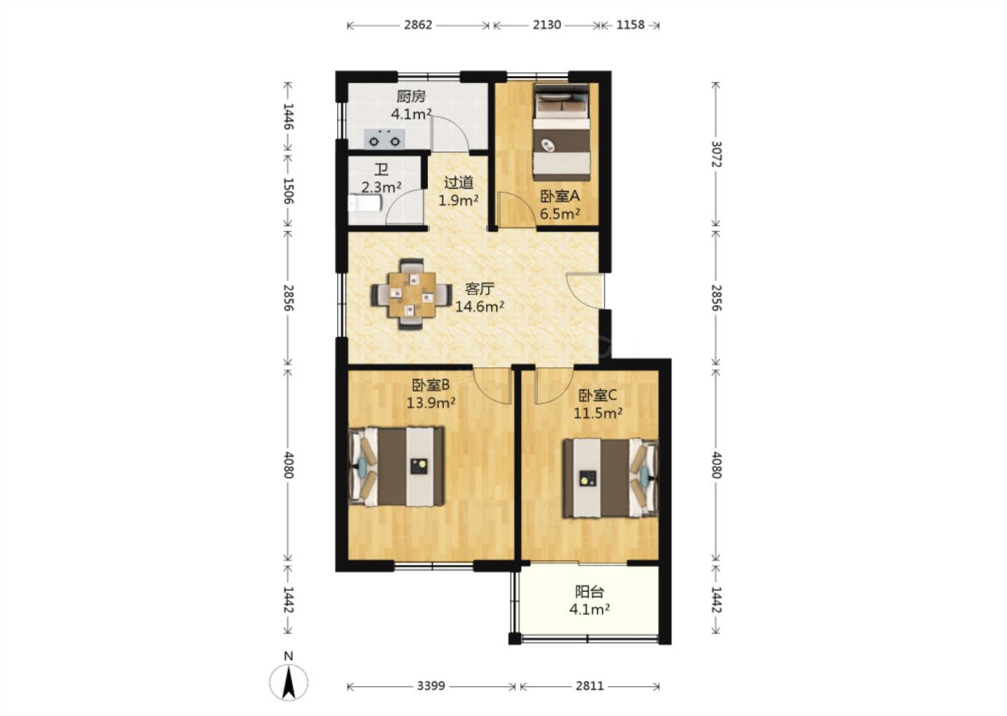 光明东村二期 3室1厅1卫 74.45m&sup2;