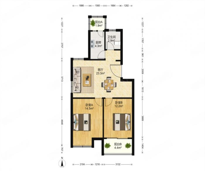 陆洪小镇街区 2室1厅1卫 60.00m&sup2;
