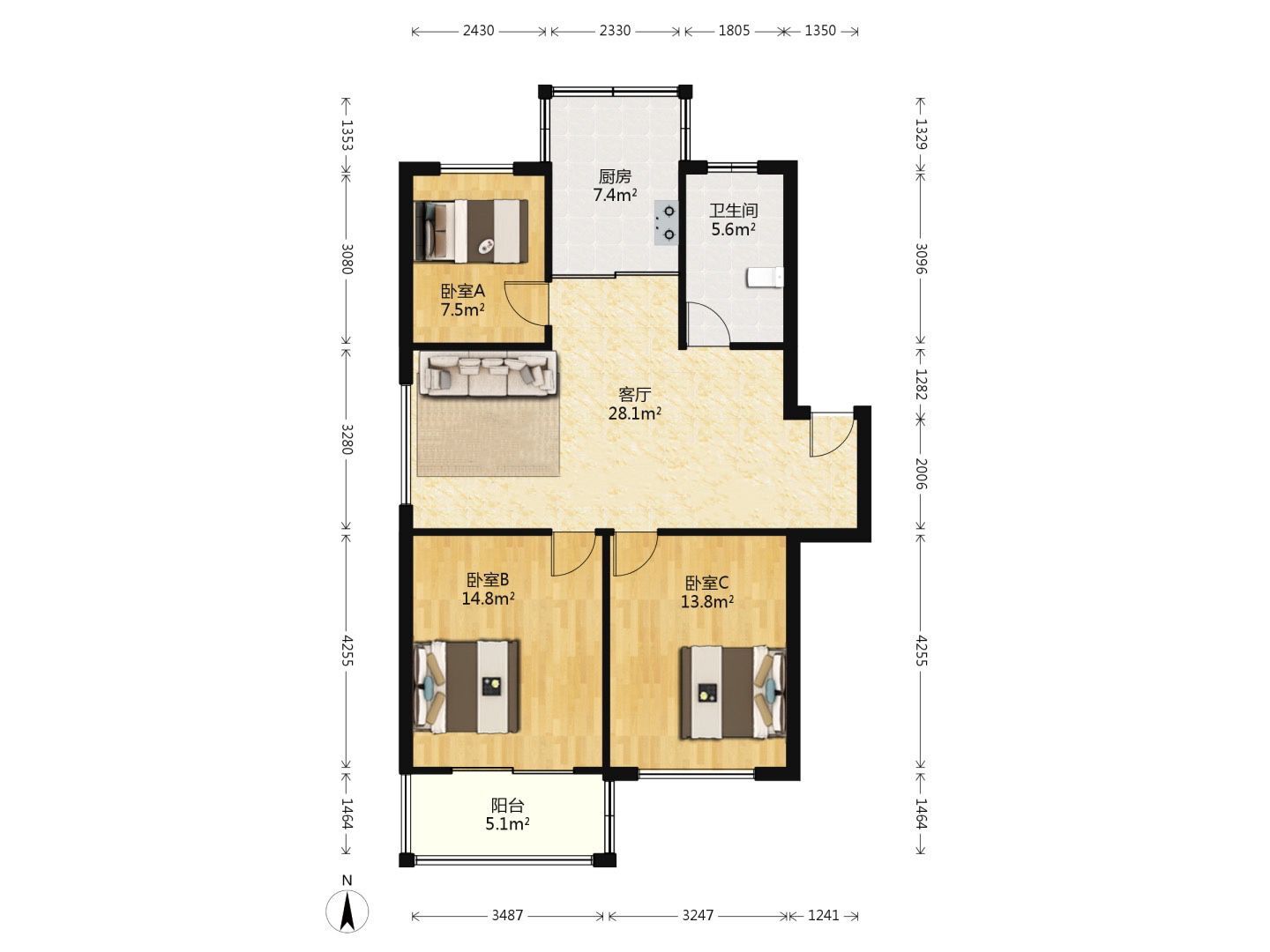 五一新村西区 3室2厅1卫 92.65m&sup2;