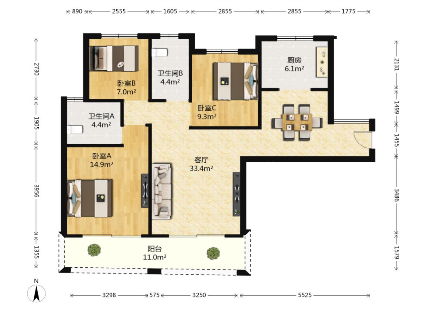 华强城 3室2厅2卫 117m&sup2;