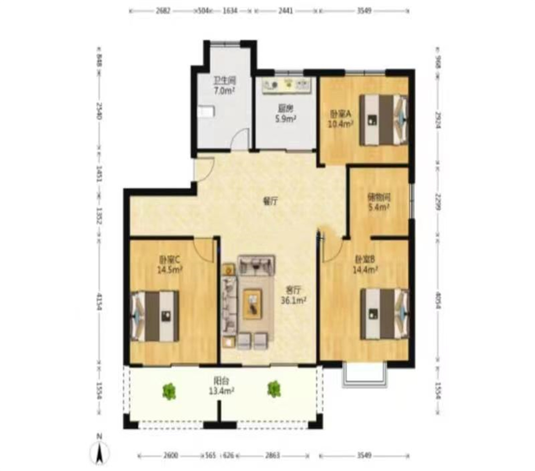 东大城市花园 3室2厅1卫 122.30m&sup2;