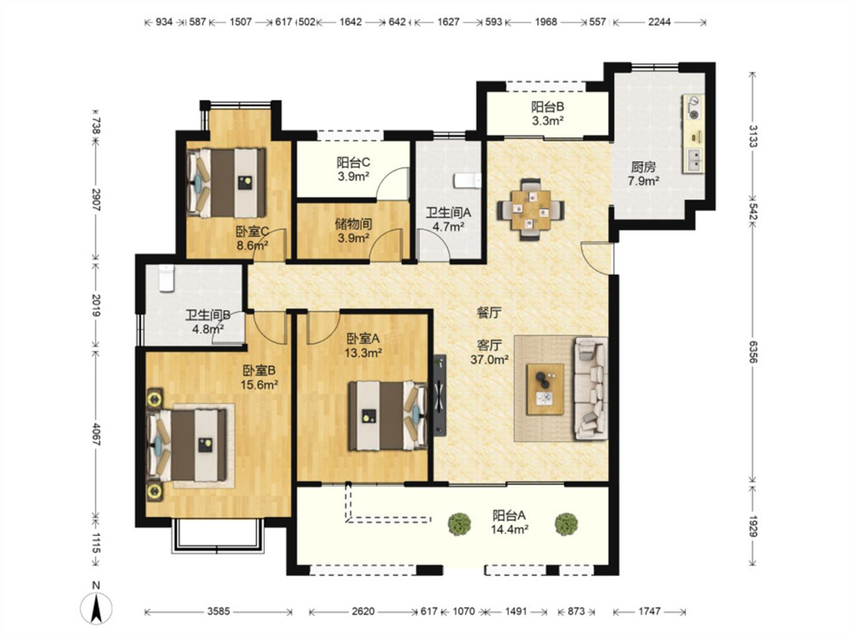 华强城 4室2厅2卫 144.00m&sup2;