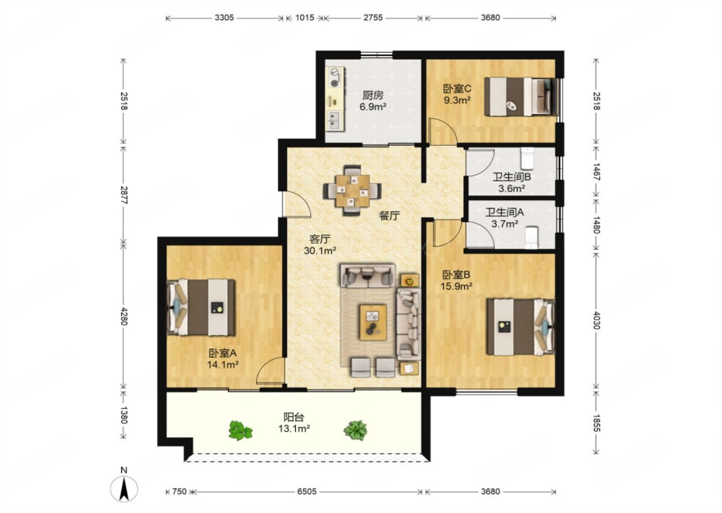 卓越万科新都会 3室2厅2卫 122m&sup2;