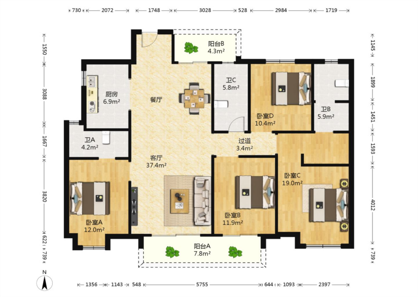 保利香槟国际 4室2厅3卫 161.00m&sup2;