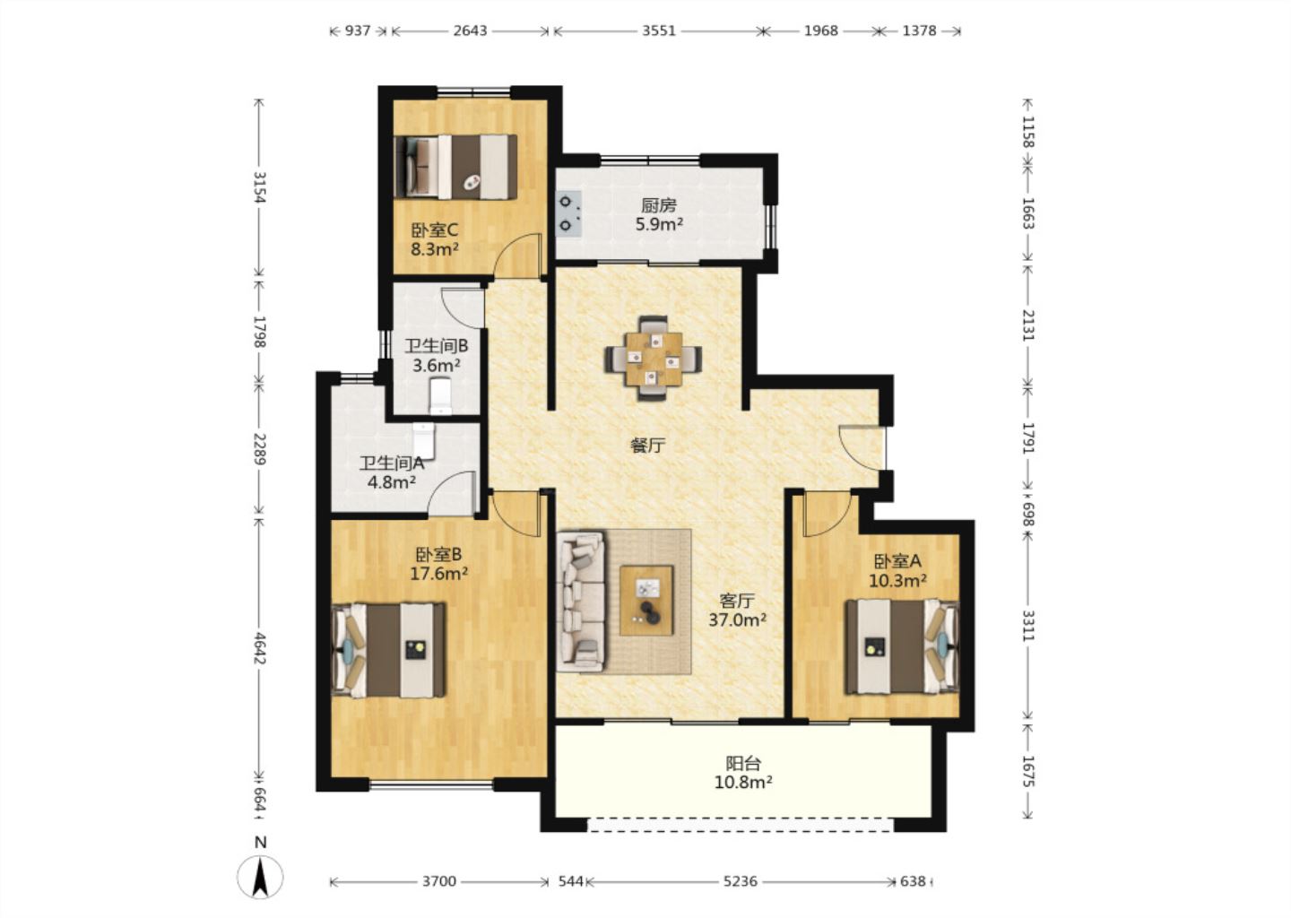 中海上东区 3室2厅2卫 125m&sup2;