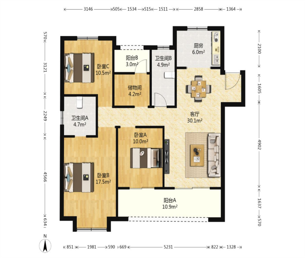 新城香溢紫郡 3室2厅1卫 138.00m&sup2;