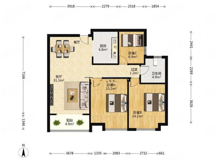 江景国际家园北区 3室2厅1卫 107m&sup2;